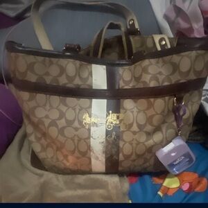 Coach Brown Signature Tote with Gold Stripe